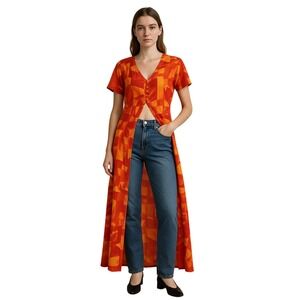 K.C.‎ SPENCER Vintage 90s Abstract Print art teacher chic Maxi Duster Orange 14